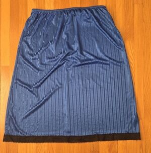 Vintage Blue Striped Black Lace Trim Slip